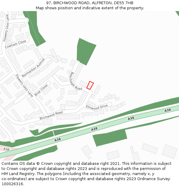 97, BIRCHWOOD ROAD, ALFRETON, DE55 7HB: Location map and indicative extent of plot