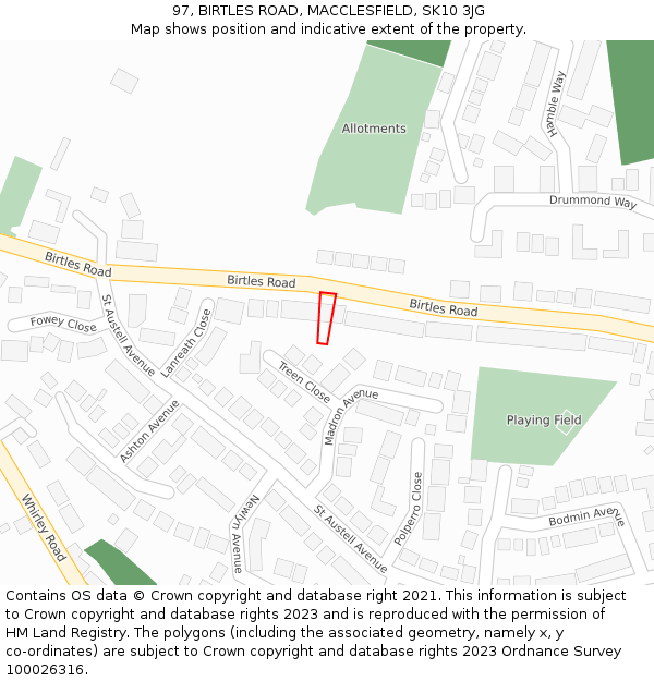 97, BIRTLES ROAD, MACCLESFIELD, SK10 3JG: Location map and indicative extent of plot