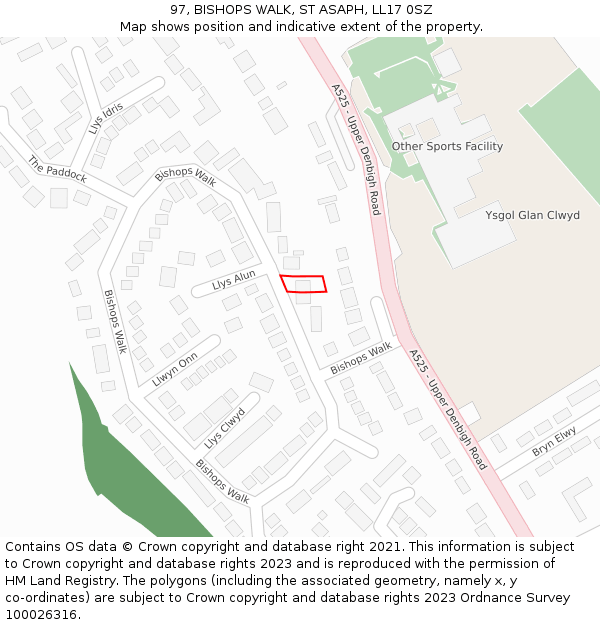 97, BISHOPS WALK, ST ASAPH, LL17 0SZ: Location map and indicative extent of plot