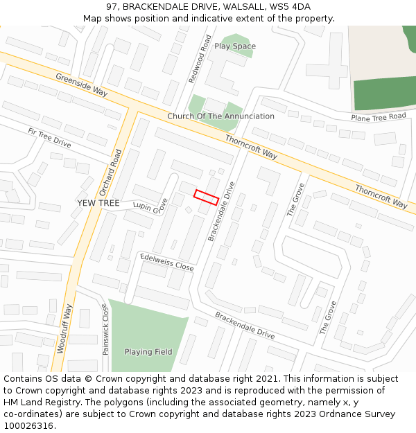 97, BRACKENDALE DRIVE, WALSALL, WS5 4DA: Location map and indicative extent of plot