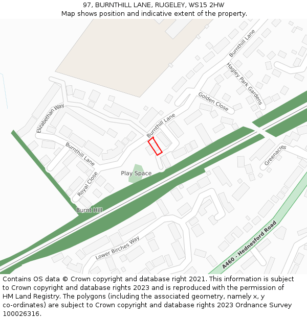 97, BURNTHILL LANE, RUGELEY, WS15 2HW: Location map and indicative extent of plot