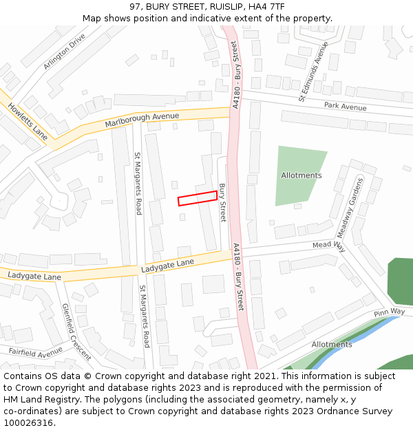97, BURY STREET, RUISLIP, HA4 7TF: Location map and indicative extent of plot
