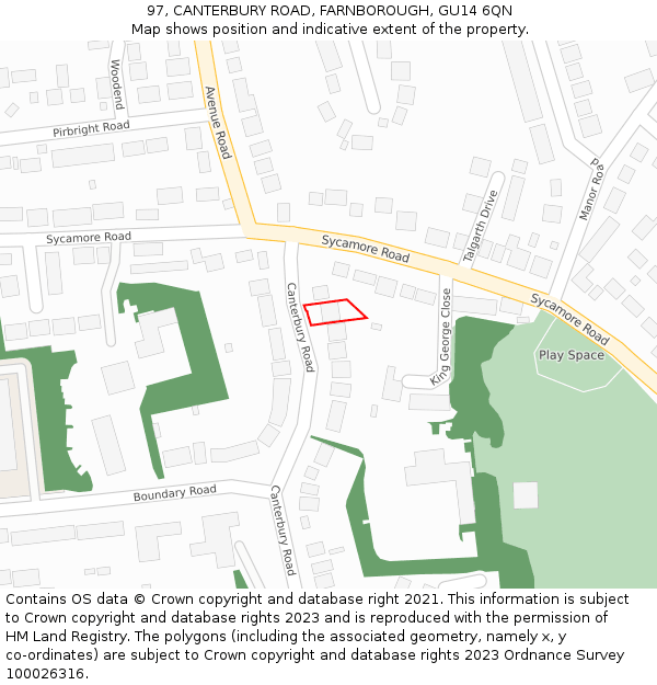 97, CANTERBURY ROAD, FARNBOROUGH, GU14 6QN: Location map and indicative extent of plot