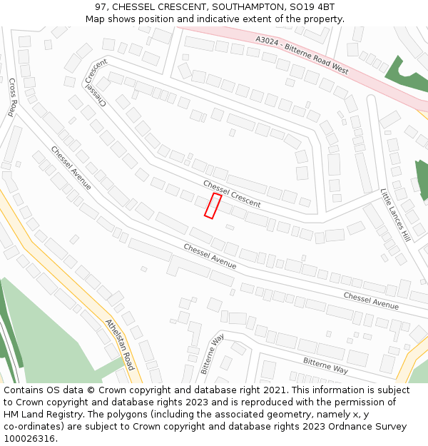 97, CHESSEL CRESCENT, SOUTHAMPTON, SO19 4BT: Location map and indicative extent of plot