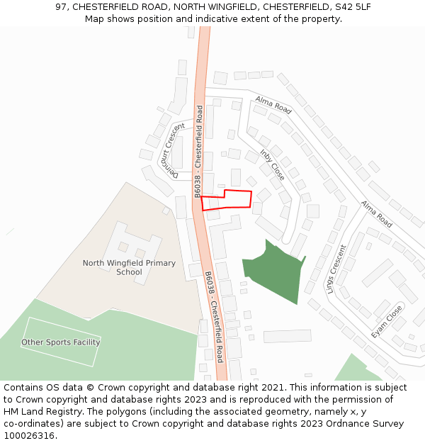 97, CHESTERFIELD ROAD, NORTH WINGFIELD, CHESTERFIELD, S42 5LF: Location map and indicative extent of plot