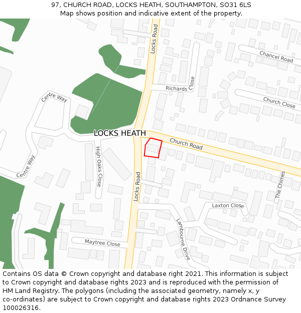 97, CHURCH ROAD, LOCKS HEATH, SOUTHAMPTON, SO31 6LS: Location map and indicative extent of plot