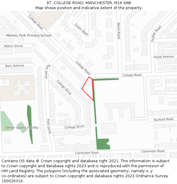97, COLLEGE ROAD, MANCHESTER, M16 0AB: Location map and indicative extent of plot