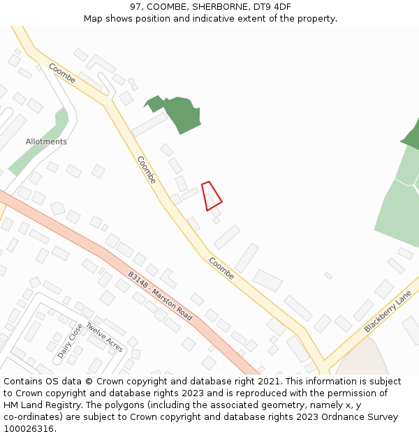 97, COOMBE, SHERBORNE, DT9 4DF: Location map and indicative extent of plot