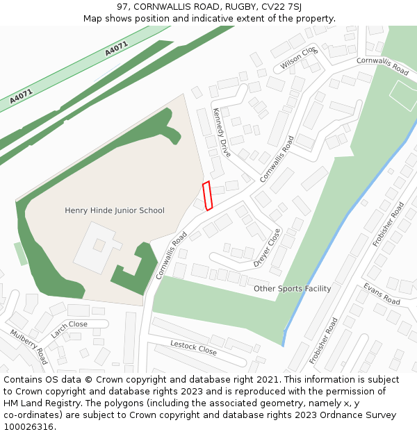 97, CORNWALLIS ROAD, RUGBY, CV22 7SJ: Location map and indicative extent of plot