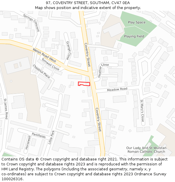 97, COVENTRY STREET, SOUTHAM, CV47 0EA: Location map and indicative extent of plot