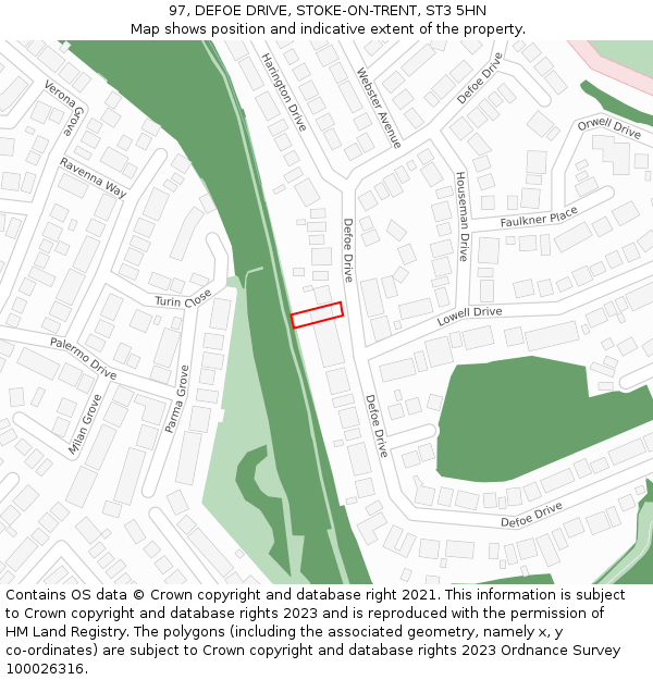 97, DEFOE DRIVE, STOKE-ON-TRENT, ST3 5HN: Location map and indicative extent of plot