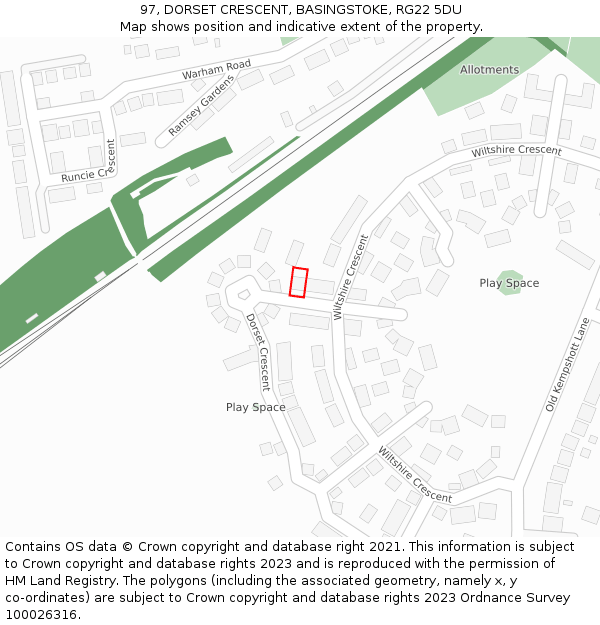 97, DORSET CRESCENT, BASINGSTOKE, RG22 5DU: Location map and indicative extent of plot