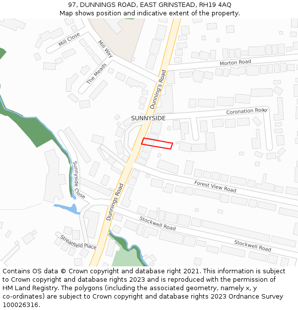 97, DUNNINGS ROAD, EAST GRINSTEAD, RH19 4AQ: Location map and indicative extent of plot