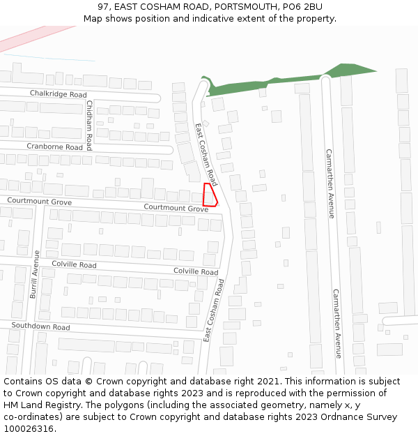 97, EAST COSHAM ROAD, PORTSMOUTH, PO6 2BU: Location map and indicative extent of plot