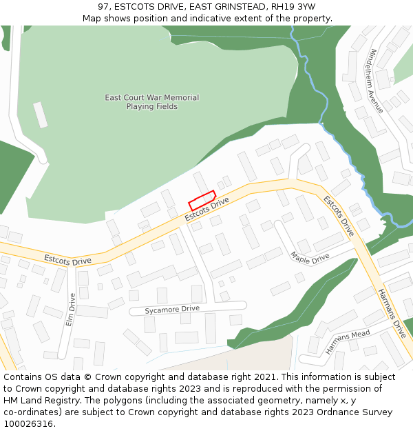 97, ESTCOTS DRIVE, EAST GRINSTEAD, RH19 3YW: Location map and indicative extent of plot