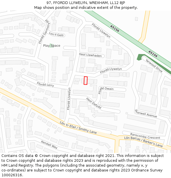 97, FFORDD LLYWELYN, WREXHAM, LL12 8JP: Location map and indicative extent of plot