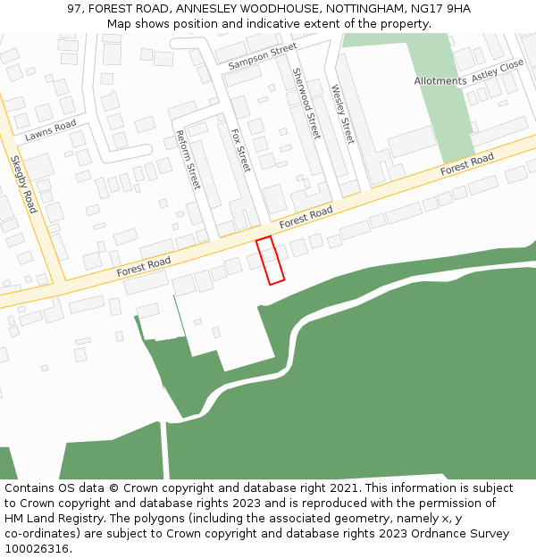97, FOREST ROAD, ANNESLEY WOODHOUSE, NOTTINGHAM, NG17 9HA: Location map and indicative extent of plot