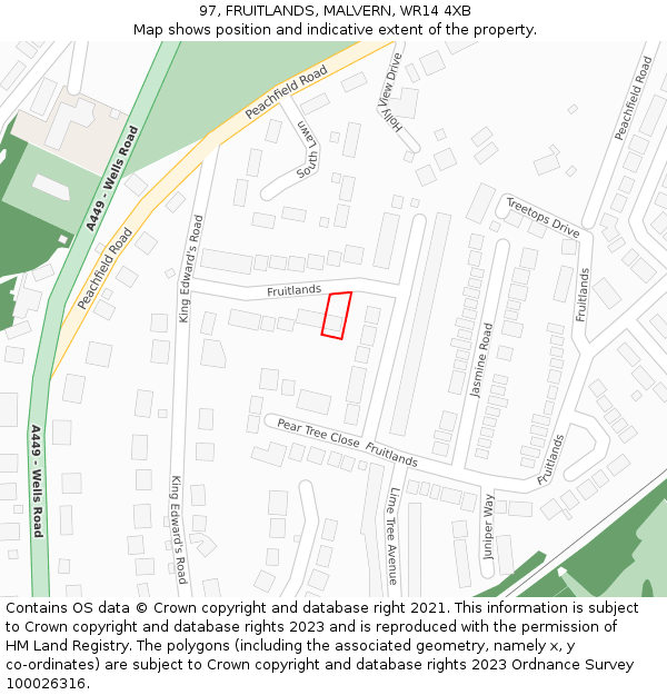 97, FRUITLANDS, MALVERN, WR14 4XB: Location map and indicative extent of plot