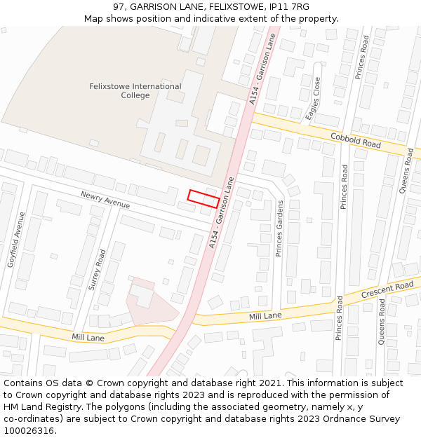 97, GARRISON LANE, FELIXSTOWE, IP11 7RG: Location map and indicative extent of plot