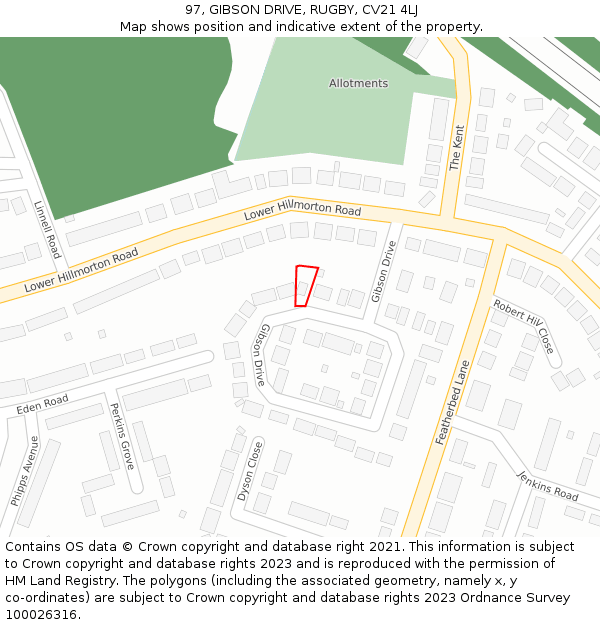 97, GIBSON DRIVE, RUGBY, CV21 4LJ: Location map and indicative extent of plot