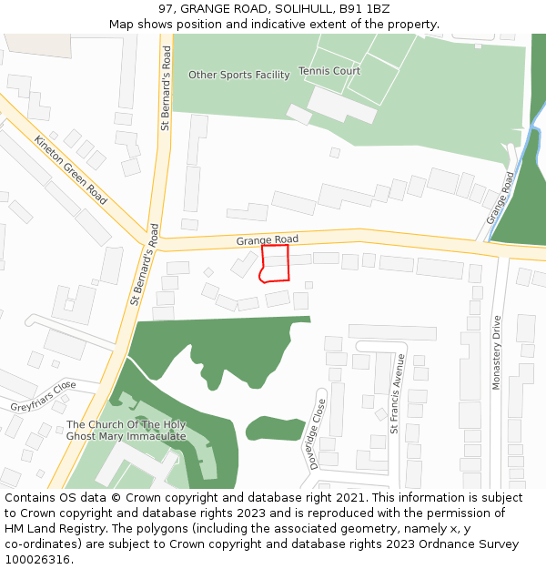 97, GRANGE ROAD, SOLIHULL, B91 1BZ: Location map and indicative extent of plot