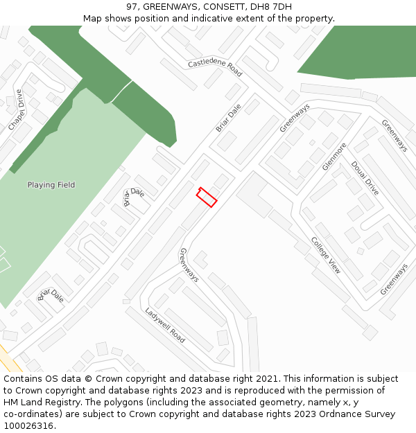 97, GREENWAYS, CONSETT, DH8 7DH: Location map and indicative extent of plot