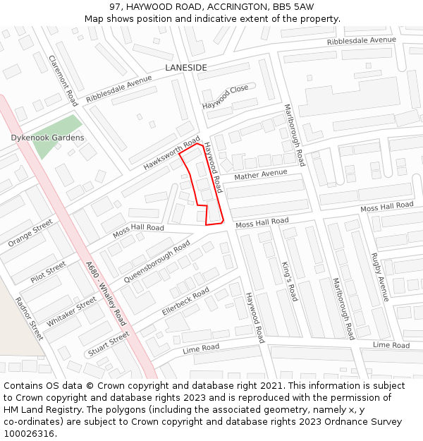 97, HAYWOOD ROAD, ACCRINGTON, BB5 5AW: Location map and indicative extent of plot