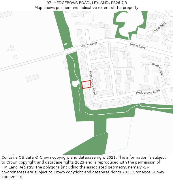 97, HEDGEROWS ROAD, LEYLAND, PR26 7JR: Location map and indicative extent of plot