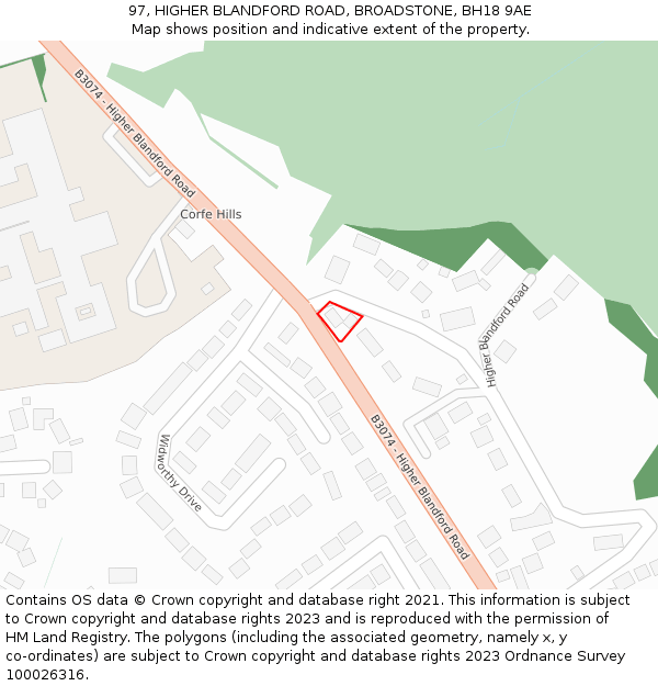 97, HIGHER BLANDFORD ROAD, BROADSTONE, BH18 9AE: Location map and indicative extent of plot