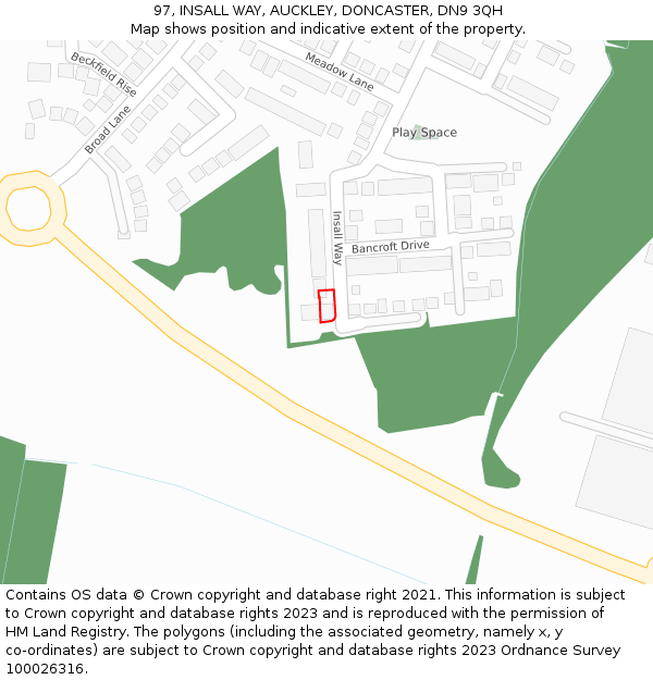 97, INSALL WAY, AUCKLEY, DONCASTER, DN9 3QH: Location map and indicative extent of plot