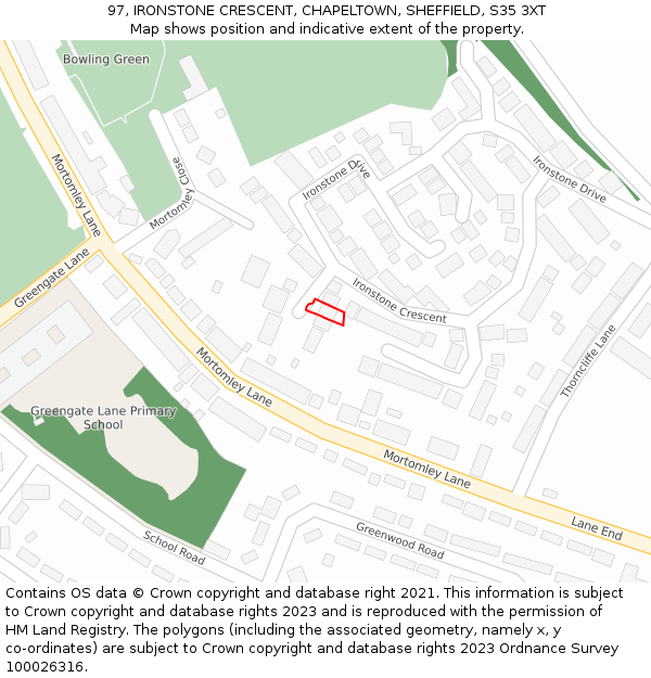 97, IRONSTONE CRESCENT, CHAPELTOWN, SHEFFIELD, S35 3XT: Location map and indicative extent of plot