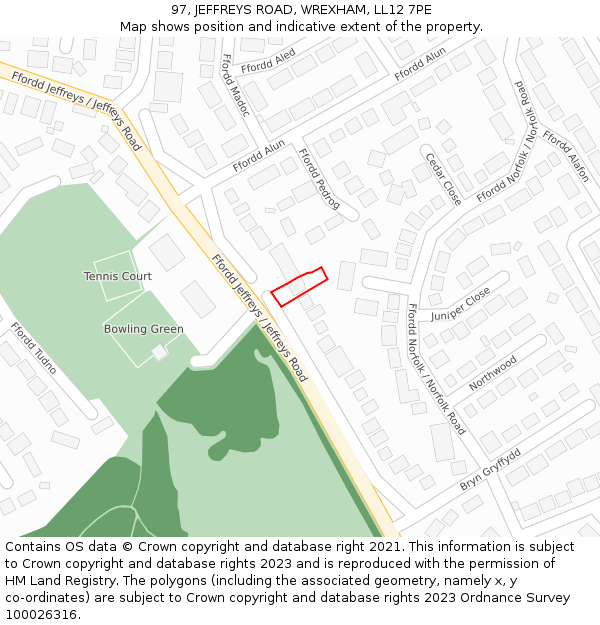 97, JEFFREYS ROAD, WREXHAM, LL12 7PE: Location map and indicative extent of plot