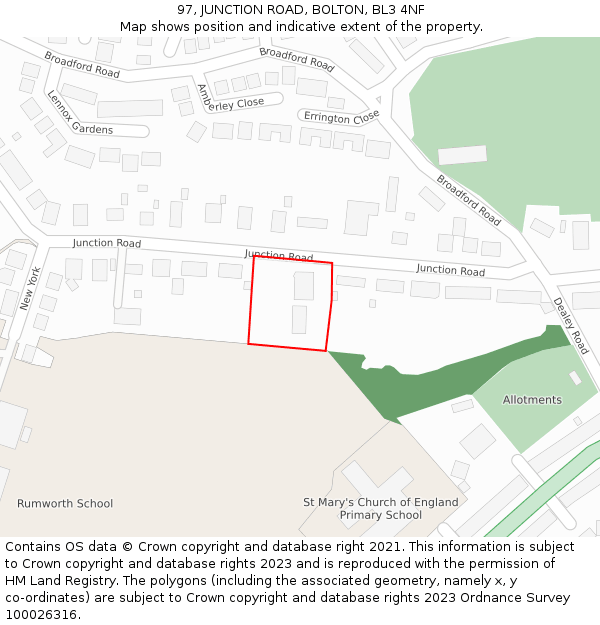 97, JUNCTION ROAD, BOLTON, BL3 4NF: Location map and indicative extent of plot