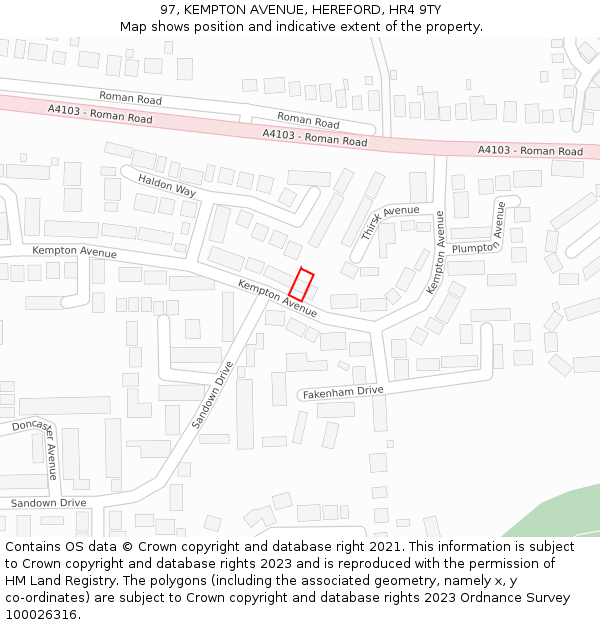 97, KEMPTON AVENUE, HEREFORD, HR4 9TY: Location map and indicative extent of plot