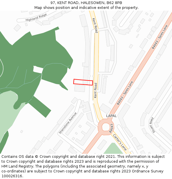 97, KENT ROAD, HALESOWEN, B62 8PB: Location map and indicative extent of plot