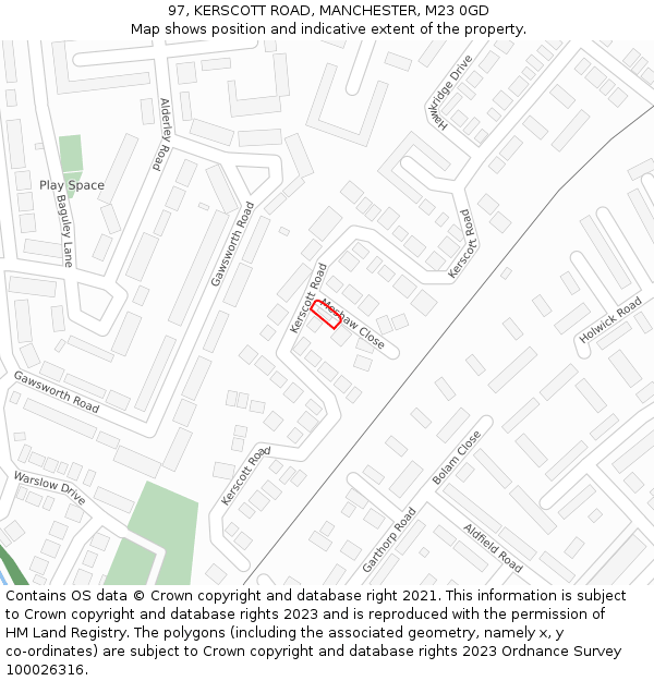 97, KERSCOTT ROAD, MANCHESTER, M23 0GD: Location map and indicative extent of plot