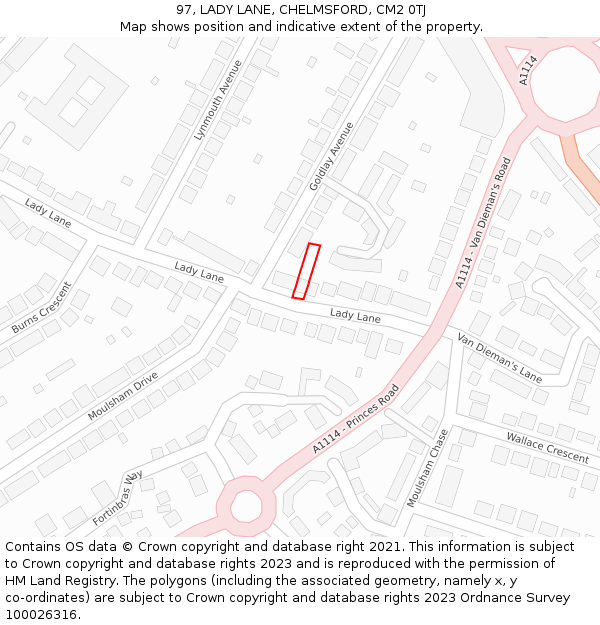 97, LADY LANE, CHELMSFORD, CM2 0TJ: Location map and indicative extent of plot