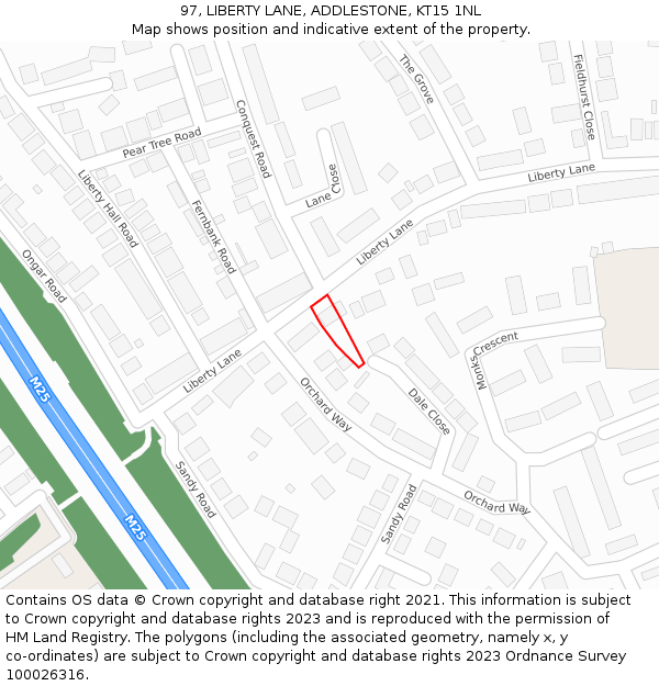 97, LIBERTY LANE, ADDLESTONE, KT15 1NL: Location map and indicative extent of plot