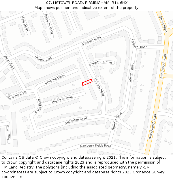 97, LISTOWEL ROAD, BIRMINGHAM, B14 6HX: Location map and indicative extent of plot