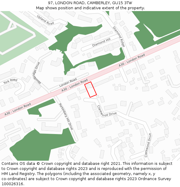 97, LONDON ROAD, CAMBERLEY, GU15 3TW: Location map and indicative extent of plot