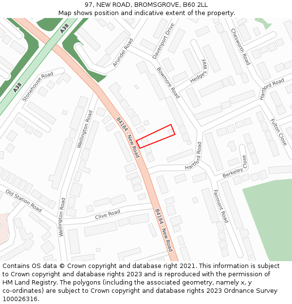 97, NEW ROAD, BROMSGROVE, B60 2LL: Location map and indicative extent of plot