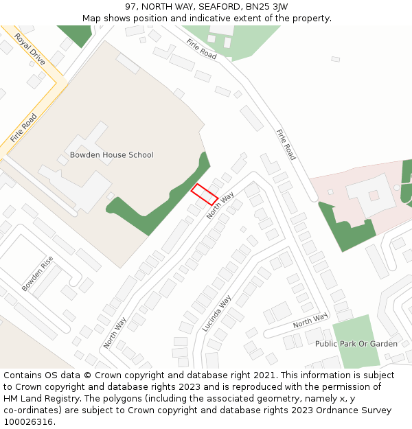 97, NORTH WAY, SEAFORD, BN25 3JW: Location map and indicative extent of plot