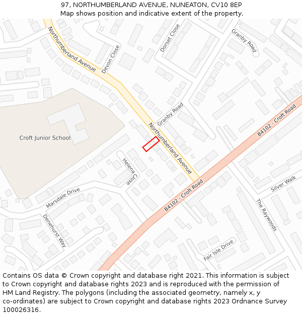 97, NORTHUMBERLAND AVENUE, NUNEATON, CV10 8EP: Location map and indicative extent of plot