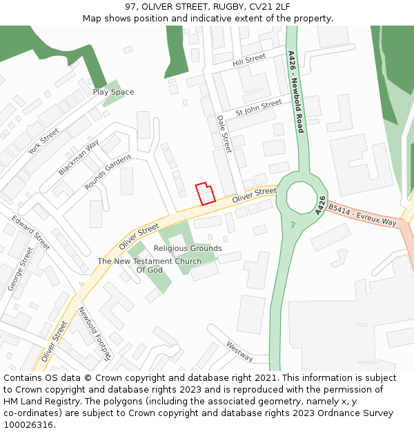 97, OLIVER STREET, RUGBY, CV21 2LF: Location map and indicative extent of plot