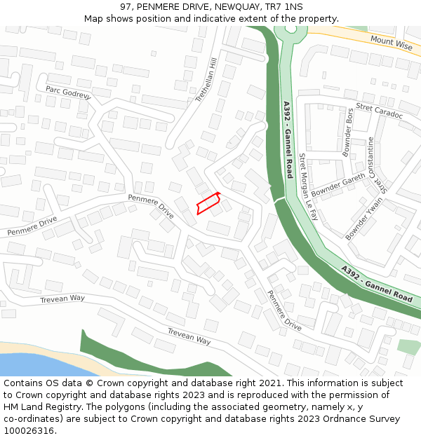 97, PENMERE DRIVE, NEWQUAY, TR7 1NS: Location map and indicative extent of plot