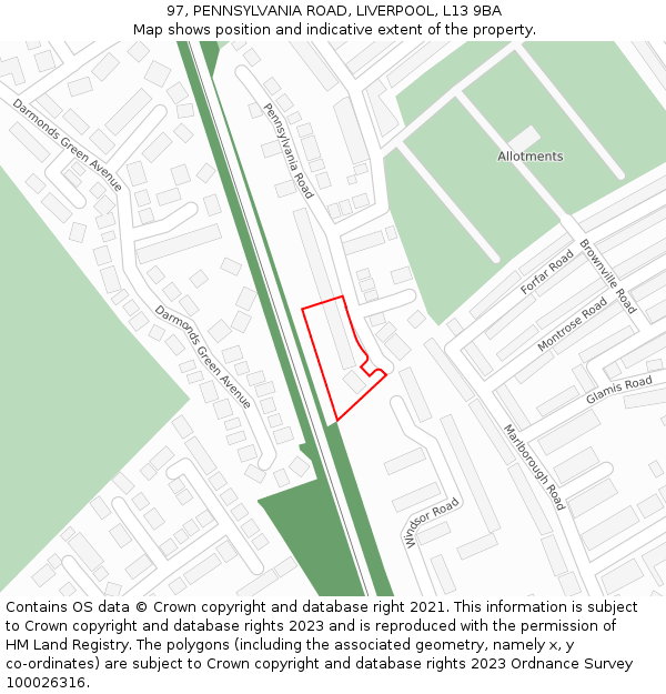 97, PENNSYLVANIA ROAD, LIVERPOOL, L13 9BA: Location map and indicative extent of plot