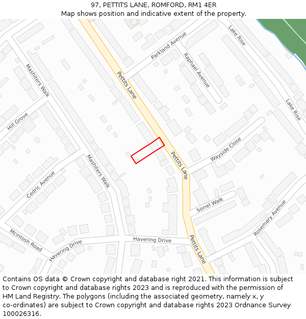 97, PETTITS LANE, ROMFORD, RM1 4ER: Location map and indicative extent of plot