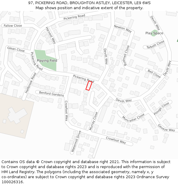 97, PICKERING ROAD, BROUGHTON ASTLEY, LEICESTER, LE9 6WS: Location map and indicative extent of plot