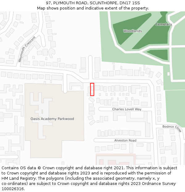 97, PLYMOUTH ROAD, SCUNTHORPE, DN17 1SS: Location map and indicative extent of plot