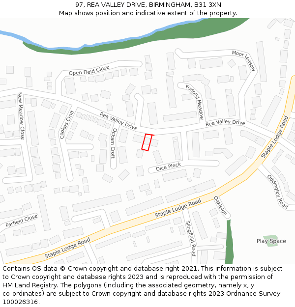 97, REA VALLEY DRIVE, BIRMINGHAM, B31 3XN: Location map and indicative extent of plot
